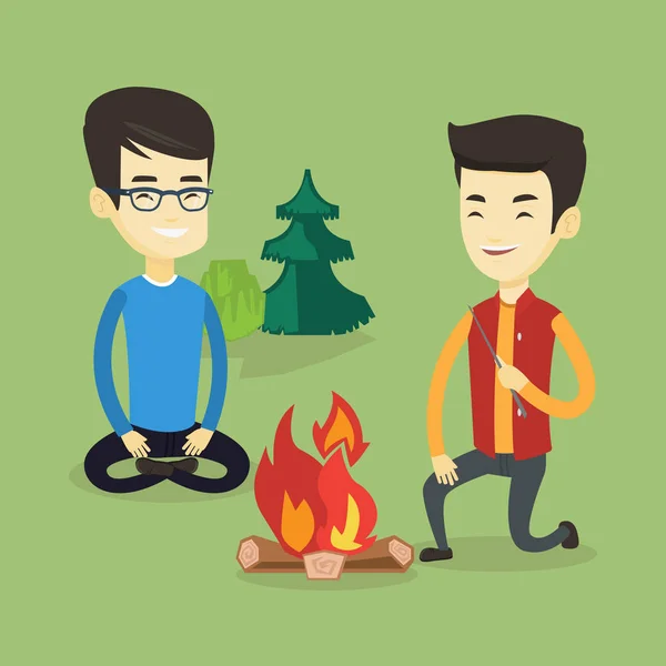 キャンプ場でたき火の周りに座って 2 人の友人. — ストックベクタ