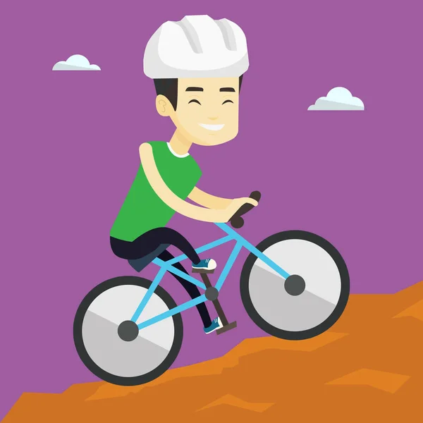 Joven en bicicleta viajando por las montañas . — Vector de stock