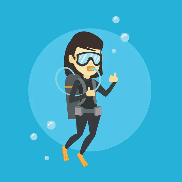 Femeie scufundări cu scuba și arată semn ok . — Vector de stoc