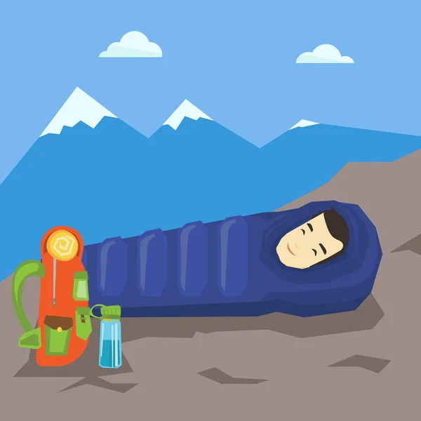 Hombre durmiendo en saco de dormir en las montañas . — Archivo Imágenes Vectoriales