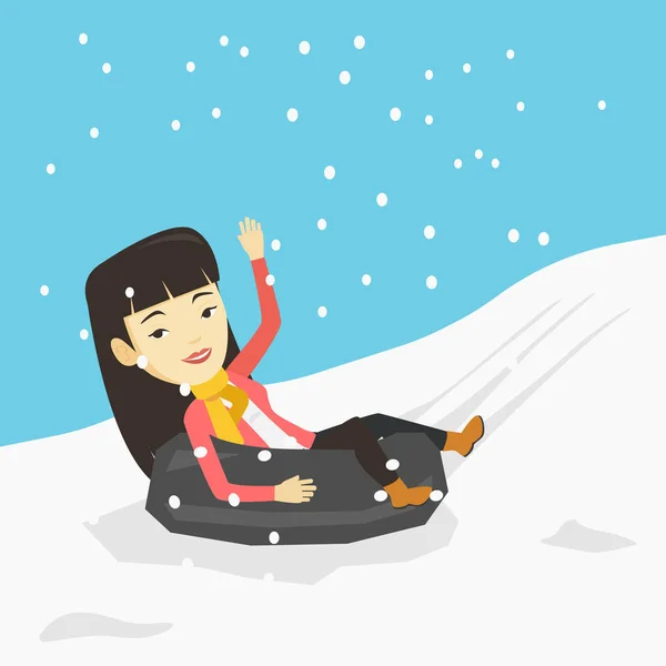 Γυναίκα με έλκηθρο στο χιόνι ελαστικό σωλήνα στα βουνά. — Διανυσματικό Αρχείο