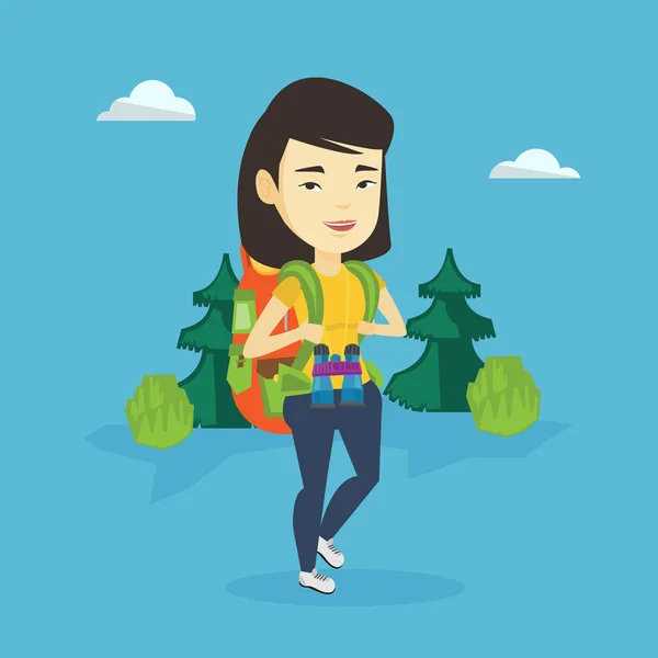 Woman with backpack hiking vector illustration. — Stock Vector