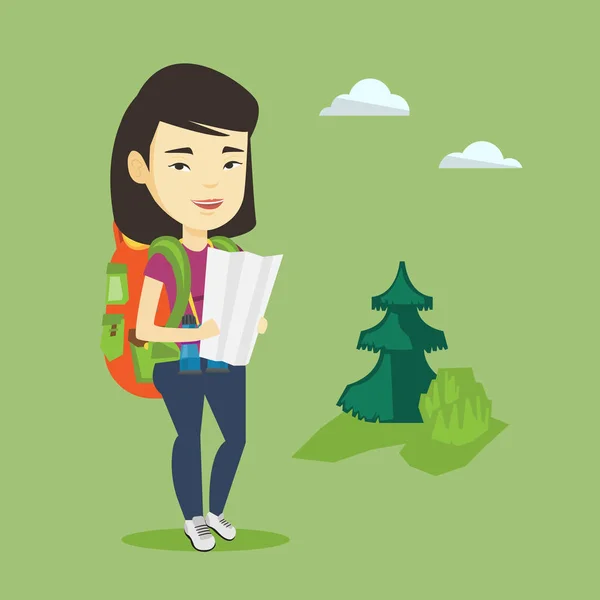 Traveler with backpack looking at map. — Stock Vector