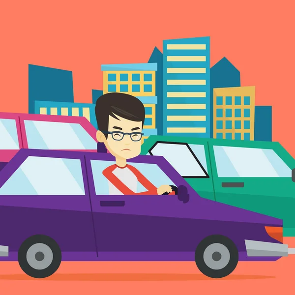Angry asian man in car stuck in traffic jam. — Stock Vector