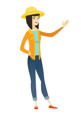 Bir yön gösteren Asyalı çiftçi.