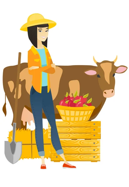 Agricultor de pé com braços cruzados perto da vaca . — Vetor de Stock