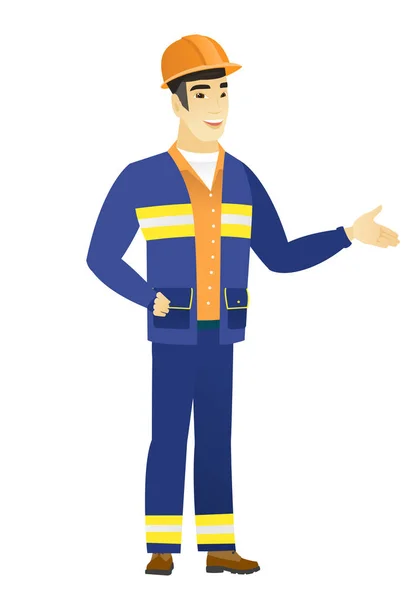 Builder with arm out in a welcoming gesture. — Stock Vector