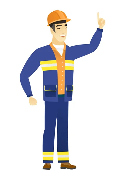 Asian builder pointing with his forefinger — Stock Vector