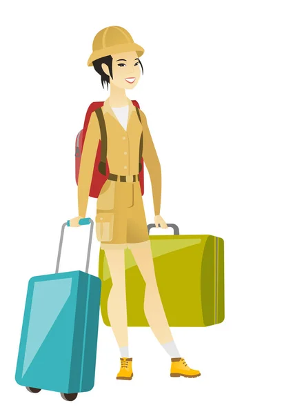 Jeune femme asiatique voyageur avec de nombreuses valises . — Image vectorielle