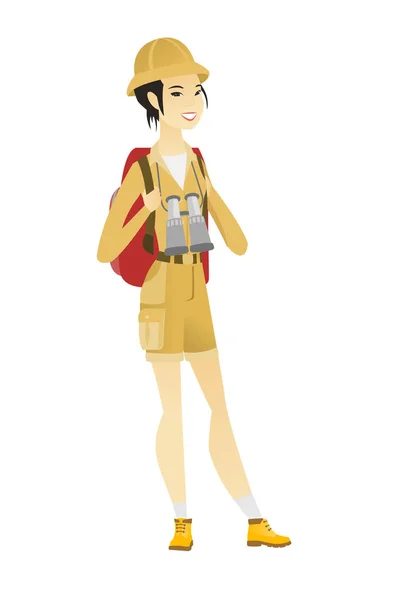 Asian traveler kobieta z plecaka i lornetki. — Wektor stockowy