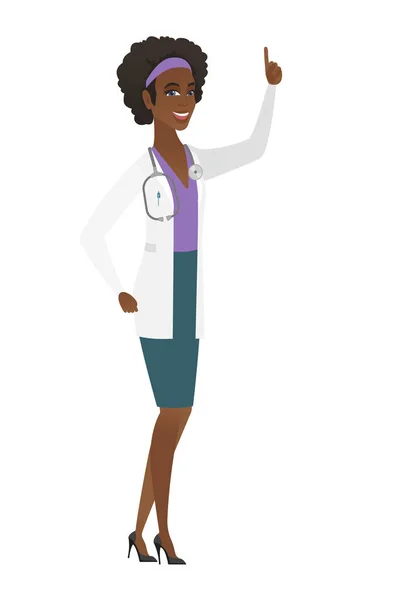 African doctor pointing with her forefinger. — Stock Vector