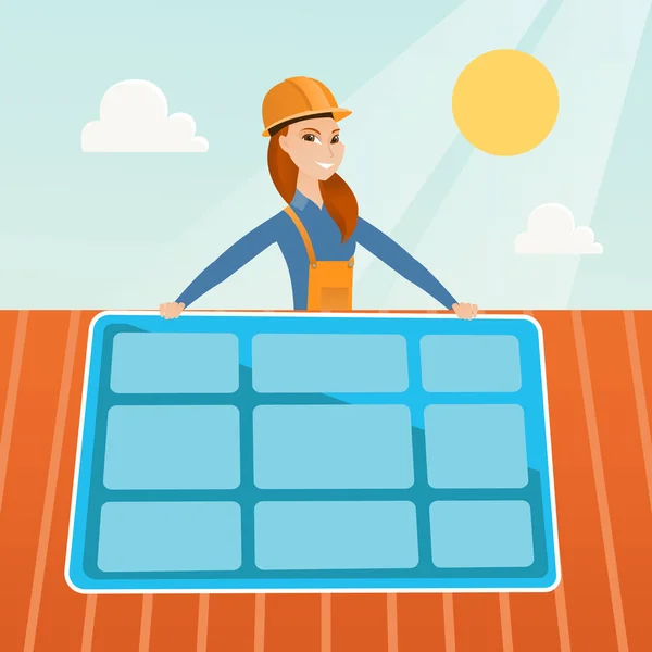 Constructor instalando panel solar . — Vector de stock