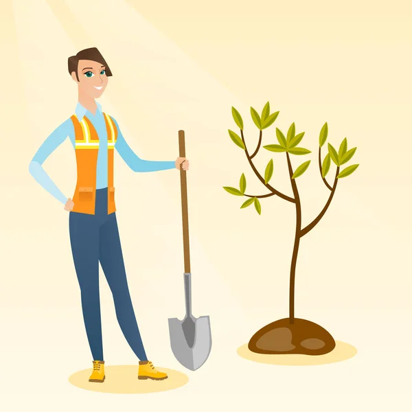 Mujer plantas árbol vector ilustración . — Vector de stock