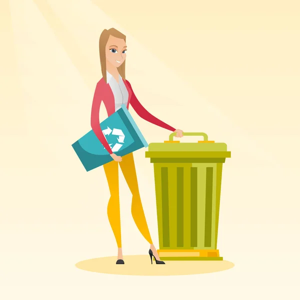 Woman with recycle bin and trash can. — Stock Vector