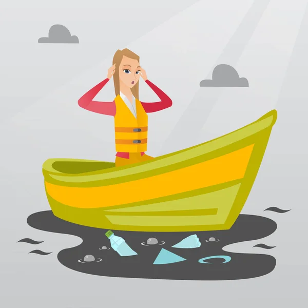 Woman floating in a boat in polluted water. — Stock Vector