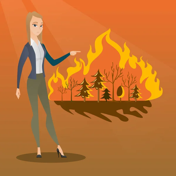 Donna in piedi sullo sfondo di un incendio . — Vettoriale Stock
