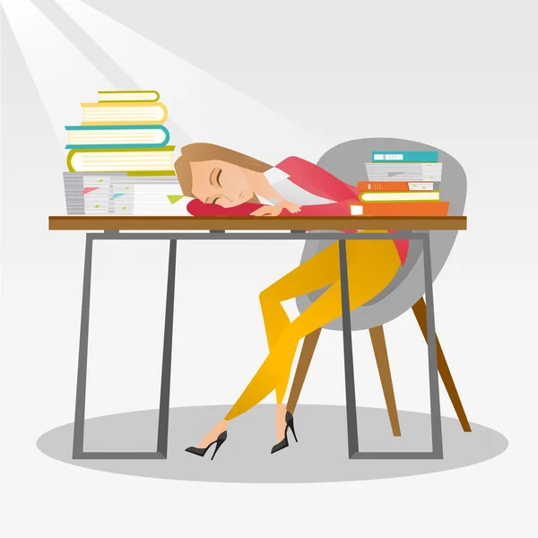 Kvinnlig student sover vid skrivbordet med bok. — Stock vektor