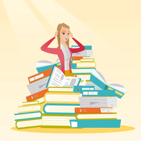 Student sitting in huge pile of books. — Stock Vector