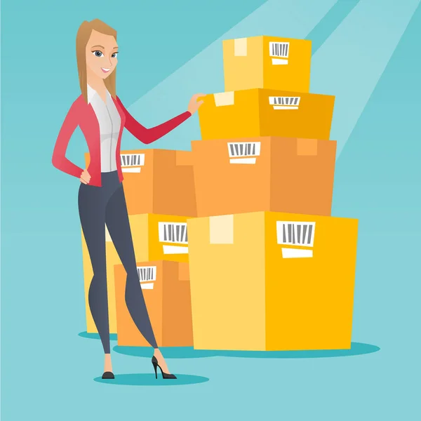 Business woman checking boxes in warehouse. — Stock Vector