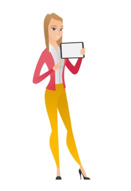 tablet bilgisayar tutan gülümseyen iş kadın.