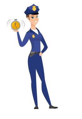 Beyaz kadın polis holding çalar saat.