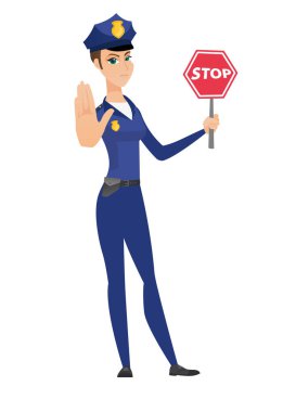 Beyaz polis dur yol işareti tutarak.