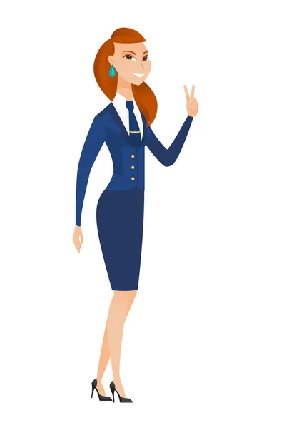 Caucasian stewardess showing the victory gesture. — Stock Vector