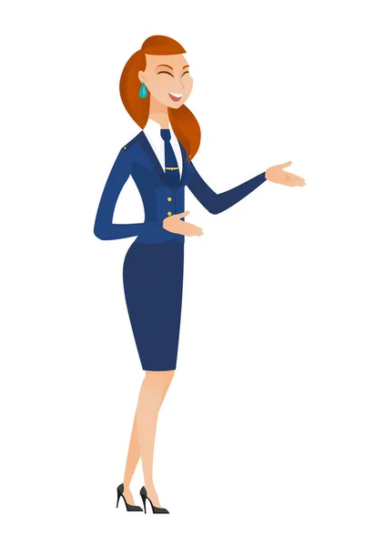 Young caucasian happy stewardess gesturing. — Stock Vector