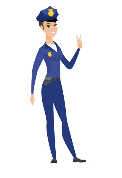 Caucasian policewoman showing the victory gesture. — Stock Vector