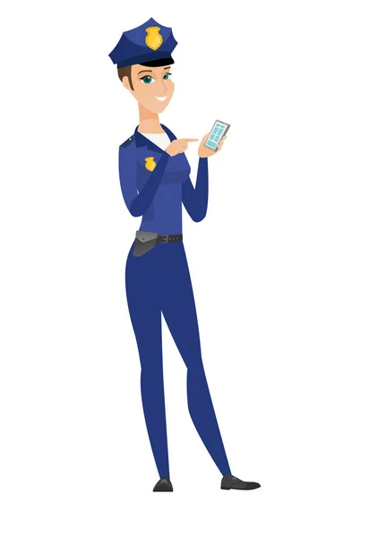 Caucasian policewoman holding a mobile phone. — Stock Vector