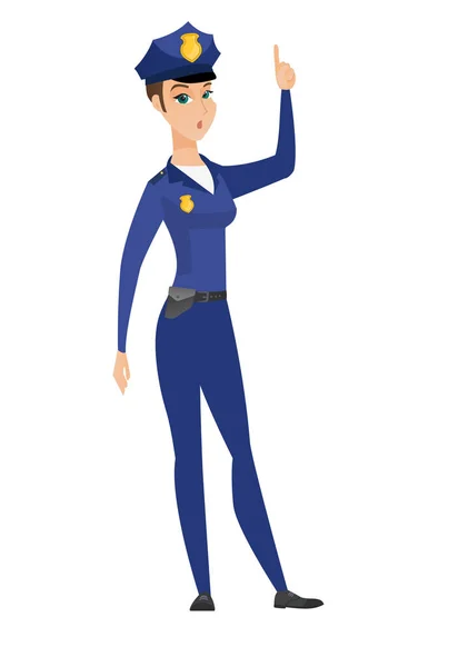 Policewoman with open mouth pointing finger up. — Stock Vector