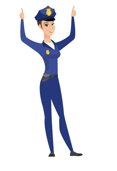 Policewoman standing with raised arms up. — Stock Vector