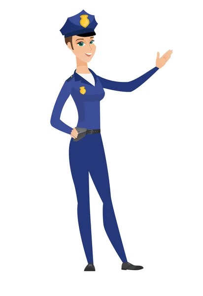 Caucasian policewoman showing a direction. — Stock Vector