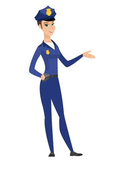 Policewoman with arm out in a welcoming gesture. — Stock Vector