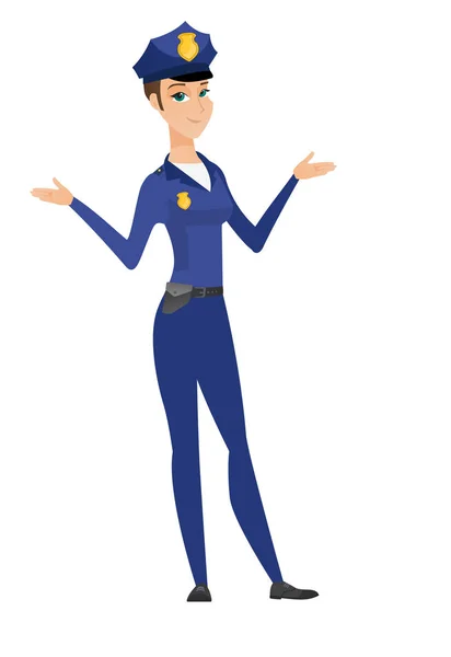 Caucasian confused policewoman with spread arms. — Stock Vector