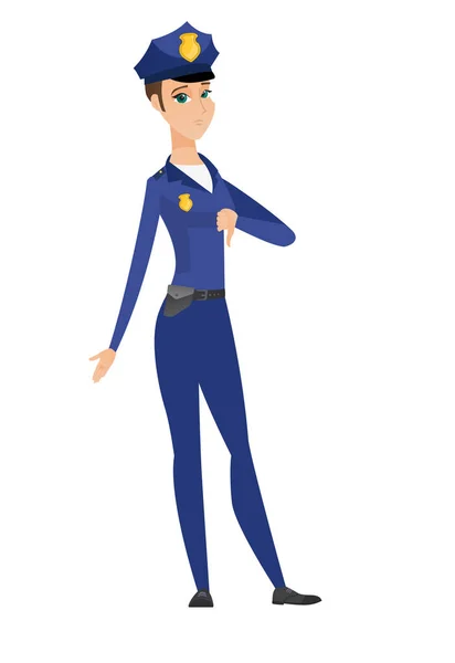 Disappointed caucasian policewoman with thumb down — Stock Vector