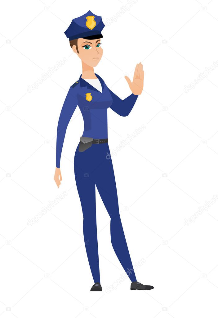 Caucasian policewoman showing stop hand gesture.