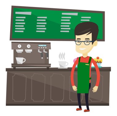 Barista ayakta yakınındaki kahve makinesi.