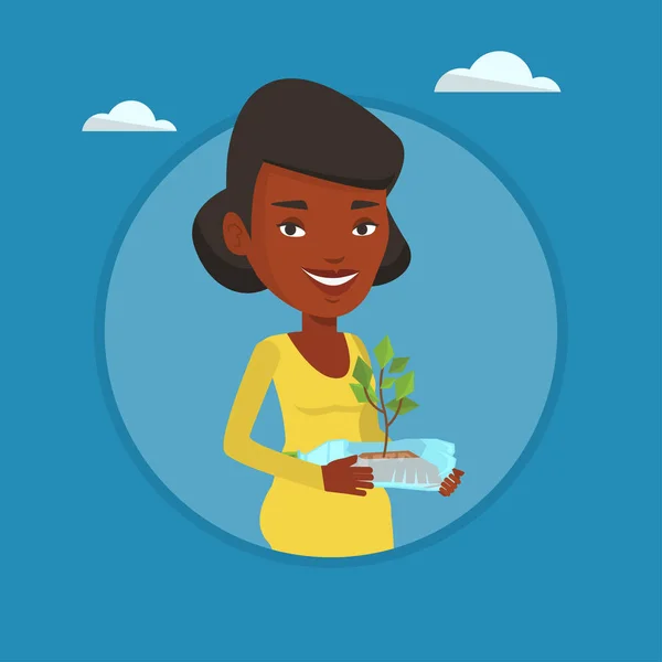 Γυναίκα που κρατά την καλλιέργεια σε πλαστικό μπουκάλι φυτών. — Διανυσματικό Αρχείο