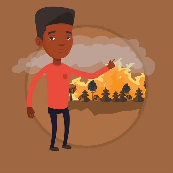 Mężczyzna stojący na tle pożaru lasu. — Wektor stockowy