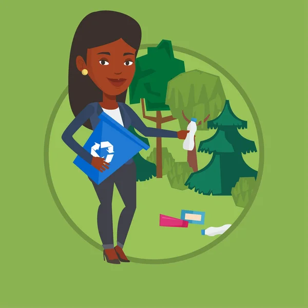 Femme ramassant des ordures dans la forêt. — Image vectorielle