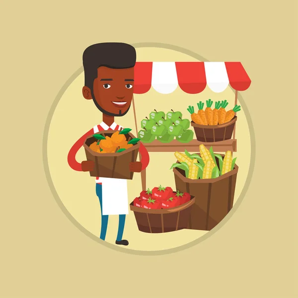 Vendedor callejero con frutas y verduras . — Vector de stock