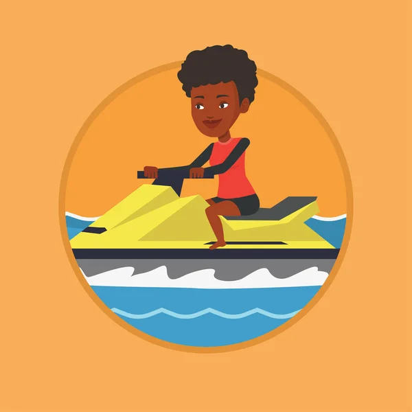Africká žena školení na skútru v moři. — Stockový vektor