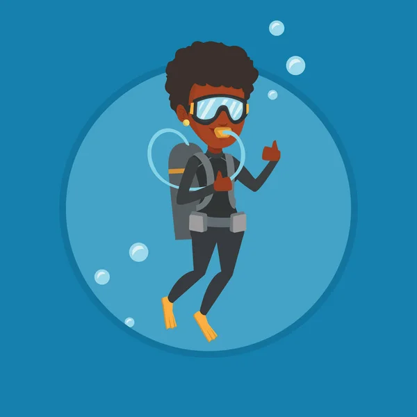 Mulher mergulho com mergulho e mostrando sinal ok . —  Vetores de Stock
