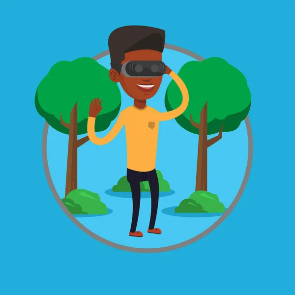 Uomo indossando cuffie realtà virtuale nel parco . — Vettoriale Stock