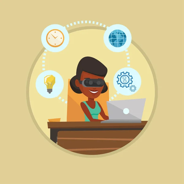Business woman in vr headset working on computer. — Stock Vector