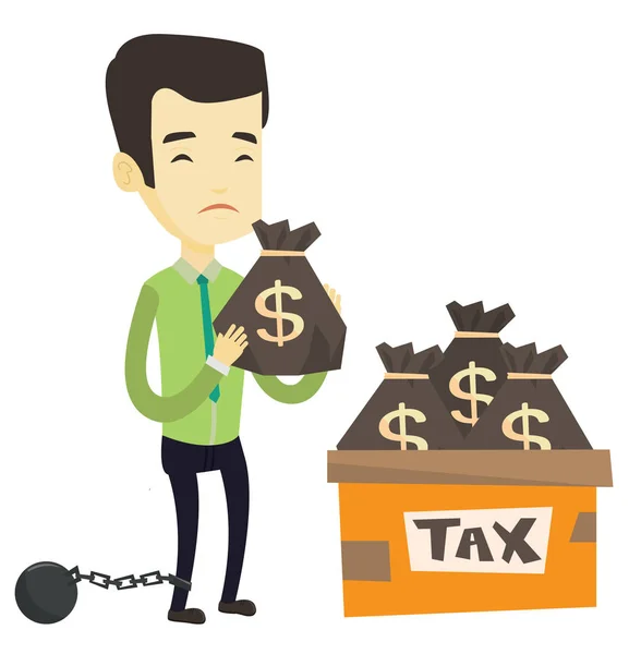 Przykuty podatnika z torbami pełnymi podatków. — Wektor stockowy