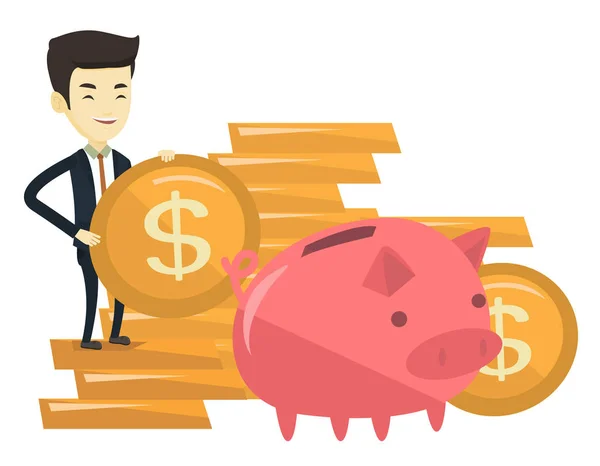 Business man putting coin in piggy bank. — Stock Vector
