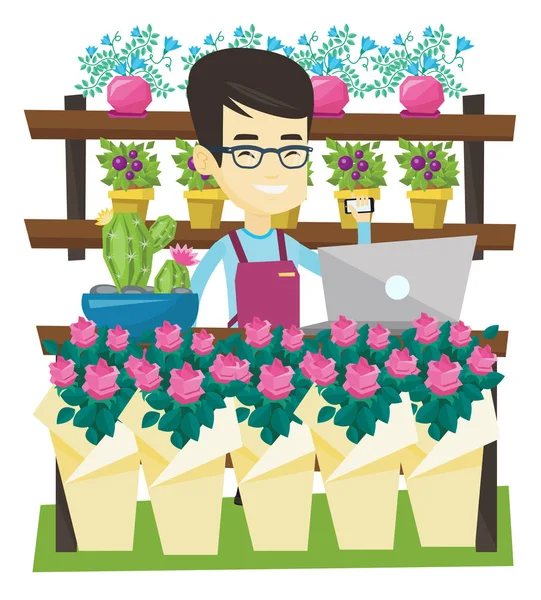 Propietario de floristería hablando por teléfono . — Vector de stock