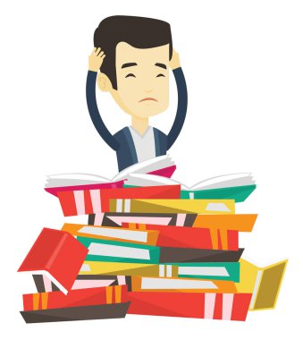Büyük yığın kitap oturan öğrenci.